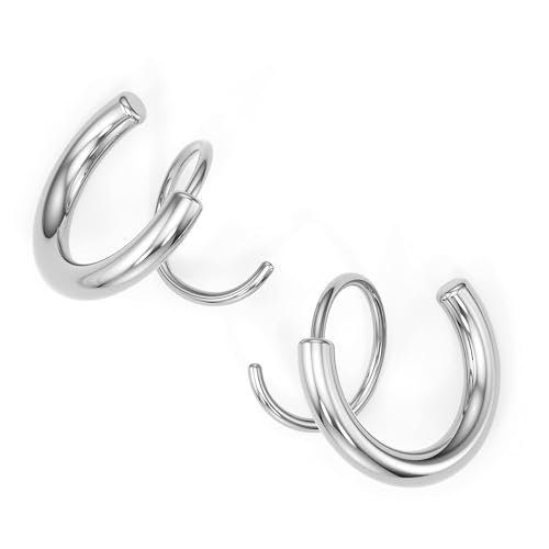 Spiral Hoop Twist Double Earrings - 14K Helix Spiral Earrings, Double Piercing Earrings, Faux Double Hoop Earrings, Tiny Twist Earrings for Women - color: Silver - 2mm