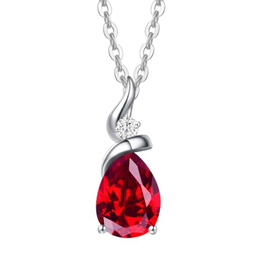 FANCIME 14K Solid White Gold Birthstone Pendant Necklace for Women with Diamond Pear Shaped Teardrop Necklace Birthday Gifts for Mom Women,Sterling Silver Chain 16" + 2" Extender - color: 07-Ruby