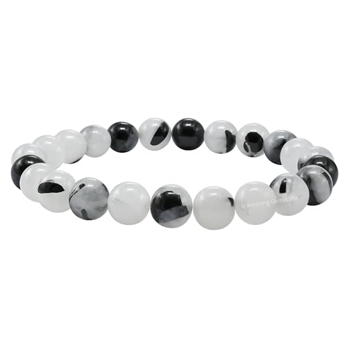 Amazing Gemstone Black Rutilated Quartz Crystal Bracelet for Women Men's Gifts - Protection Healing Crystal Bracelet - 8mm Gemstone Beaded Stretchable Bracelet Pulseras Para Hombres Mujer Stocking Stuffers Mothers Day Gift - color: Black Rutilated Quartz