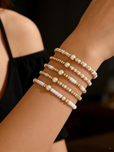 LOTSOF Bohemia Multilayer Beaded Bracelet Set, Turquoise Resin Colorful Surfer Heishi Style Elastic Spring Clasp Friendship Elastic Wristbands Summer Beach Boho Vacation Jewelry - color: White