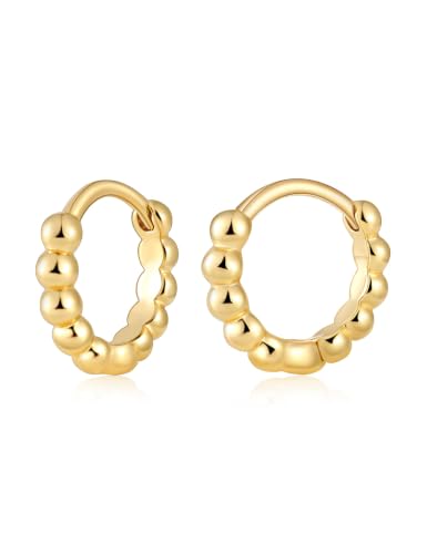 Fiusem 14K Gold Plated Huggie Hoop Earrings for Women | 8/10/12 Hypoallergenic Small Twisted beaded Huggie Earrings - color: Gold Bead, size: 8MM