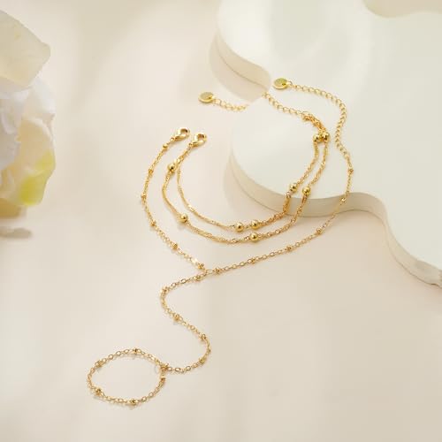 Hand Chain Bracelets for Women - 14K Real Gold Plated Dainty Stackable Paperclip Link Bracelets Hand Chain Bracelet Ring Gold Bracelets for Women Trendy - color: Layered CZ Hand Chain