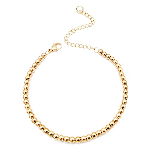 Dainty Bracelets for Women Paperclip Chain Bangles Handmade Tiny Cute Oval and Round Beaded Bracelet 316L Stainless Steel Jewelry Gift for Best Friend - style: Beads 4mm Gold