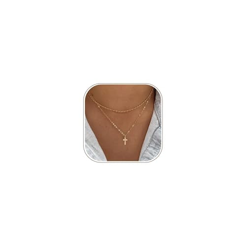 14K Gold Layered Cross Necklaces for Women,Tiny Small Sideways Cross Necklace Minimalist Christian Jewelry Gifts First Communion Confirmation Easter Stuff,2Pcs - color: Style C，Satellite cross