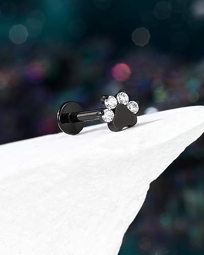 G23 Titanium Cartilage Earring Stud for Helix 16g Flat Back Dog Paw Cartilage Piercing Jewelry Front Top Screw Helix Tragus Earrings - color: Black Paw
