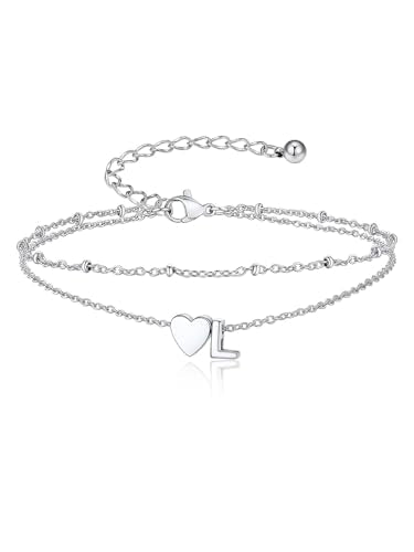 Suplight Initial Ankle Bracelets for Women 14K Gold Plate Waterproof No Tarnish Anklets Layered Heart Letter Anklet Adjustable Plus Size Foot Chain Summer Beach Boho Jewelry Silver Black 8.5-10 Inch - color: Silver, style: 12.L