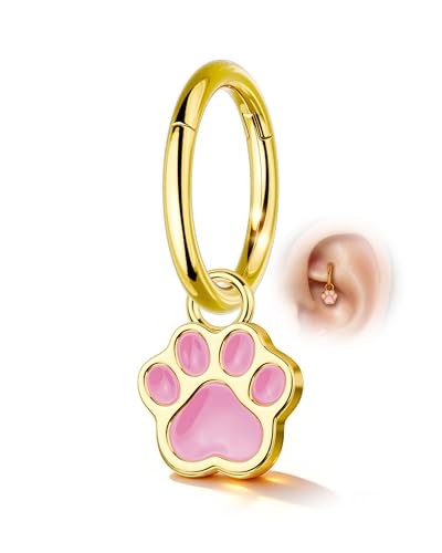 18K Gold Plated Rook Piercing Jewelry, 16G Clicker Rook Helix Earrings, Cute Cat Paw Upper Helix Lobe Piercing Stainless Steel 6/8MM - color: Style-1-8mm