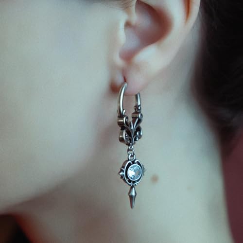 PUNKYOUTH Gothic Crest Dangle Drop Hoop Earrings Dark Alternative Piercing Jewelry 18G 1mm Antique Finish Ornate Scroll Cubic Zirconia Spike Statement Everyday Wear Accessories For Women Men - color: Crest earring-Silver