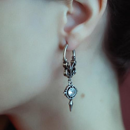 PUNKYOUTH Gothic Crest Dangle Drop Hoop Earrings Dark Alternative Piercing Jewelry 18G 1mm Antique Finish Ornate Scroll Cubic Zirconia Spike Statement Everyday Wear Accessories For Women Men - color: Crest earring-Silver