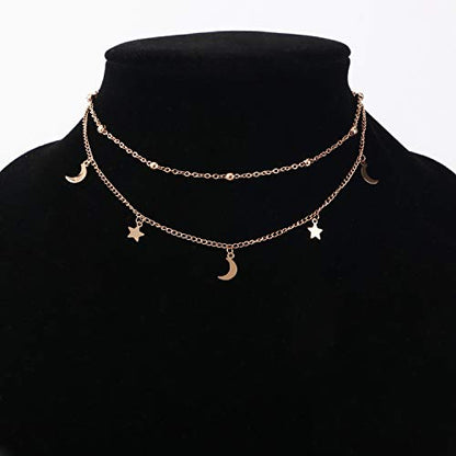 BaubleStar Star Moon Charm Necklace Layering Chain Choker for Women - color: Titanium Steel/Rose Gold