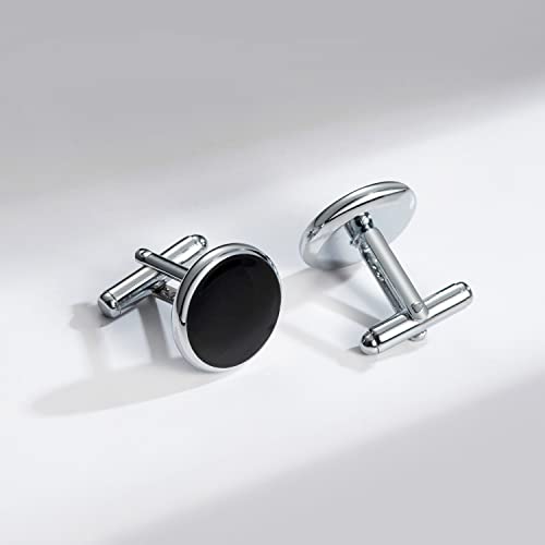 wynameleri Mens Cufflinks and Studs Set Blanks Round 4 Colors Shirt Tuxedo Buttons Packed in Cufflink Box for Business Wedding Jewelry - color: Silver Black