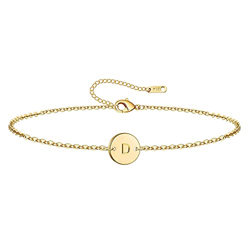 Ovian Initial Charm Bracelet for Women 18K Gold Plated stainless steel Coin Disc Engraved Letter Bracelet Personalized Monogram Name Bracelet - color: D