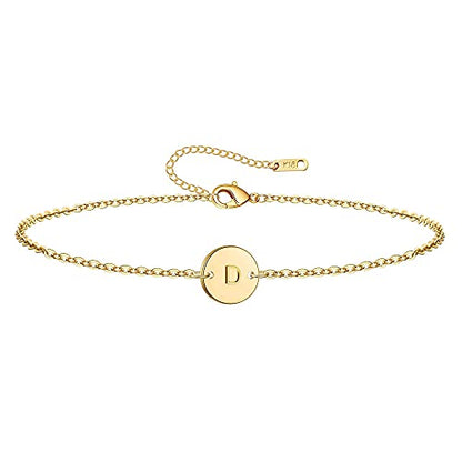 Ovian Initial Charm Bracelet for Women 18K Gold Plated stainless steel Coin Disc Engraved Letter Bracelet Personalized Monogram Name Bracelet - color: D