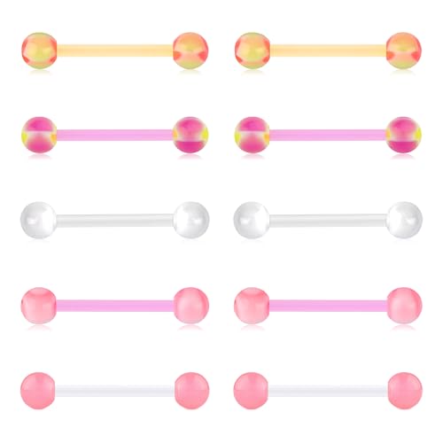 Zolure 10Pcs 14G Tongue Rings Acrylic Candy Color Tongue Piercing Jewelry Flexible Plastic Nipple Rings Tongue Barbells for Women 16mm - color: Pink 10pcs