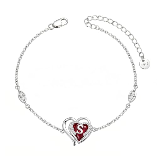 Initial Bracelet for Women 925 Sterling Silver Heart Angel Wings Initial Bracelet Anniversary Birthday Mothers Day Jewelry for Mom Her Wife - color: S