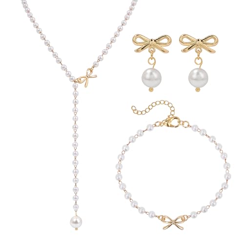 Raicegs Pearl Jewelry Set for Women Wedding Pearl Necklace Bracelet Earrings Set Bride Bridesmaid Dainty Jewelry Gift for Women - color: Bow Jewelry