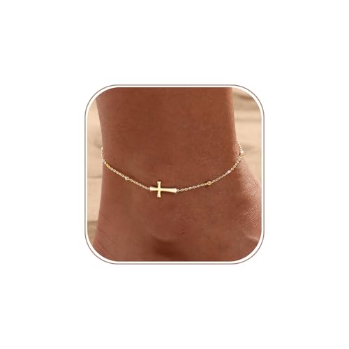 Ankle Bracelets for Women 14K Gold/Silver Plated Cross Heart Bead Anklet Waterproof Adjustable Chain Non Tarnish Cute Boho Trendy Dainty Summer Beach Foot Jewelry Gift for Her - style: Cross-GD