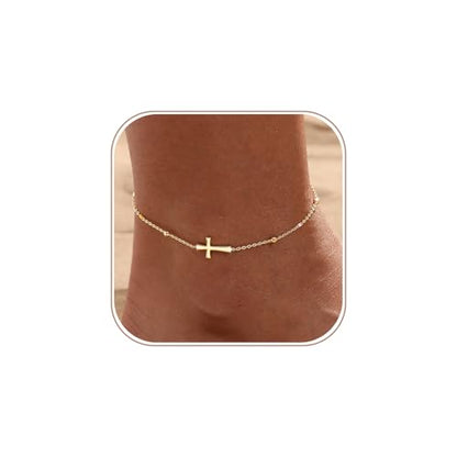 Ankle Bracelets for Women 14K Gold/Silver Plated Cross Heart Bead Anklet Waterproof Adjustable Chain Non Tarnish Cute Boho Trendy Dainty Summer Beach Foot Jewelry Gift for Her - style: Cross-GD