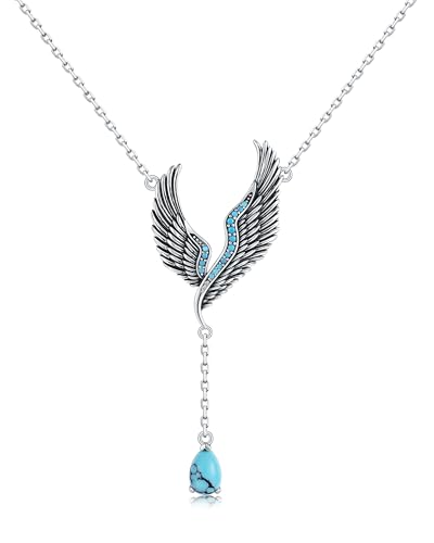 925-Sterling-Silver Turquoise Dragonfly/Hummingbird/Compass/Anchor/Butterfly/Cross/Lotus Necklaces Vintage Boho Pendant Jewelry Victorian Christmas Birthday Gifts for Women - style: Angel Wing Turquoise