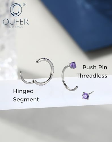 OUFER 2PCS Nose Rings Hoops, 20g Double Gem Horseshoe Threadless Nose Rings for Women, Septum Clicker Daith Tragus Helix Rook Eyebrow Lip Piercing Jewelry - color: Silver Purple CZ