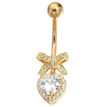 B BodyPJ Sparkles Peach Heart Bow Stainless Steel CZ Dangle Navel Piercing Barbell Belly Button Rings For Women - color: Gold+Clear CZ