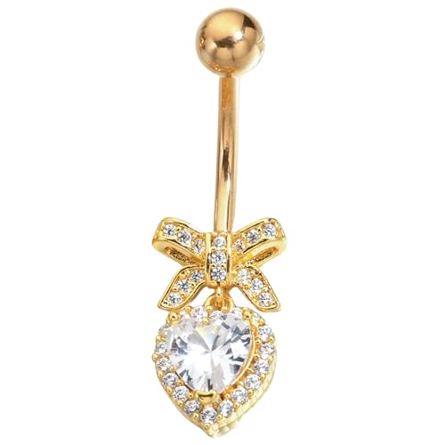 B BodyPJ Sparkles Peach Heart Bow Stainless Steel CZ Dangle Navel Piercing Barbell Belly Button Rings For Women - color: Gold+Clear CZ