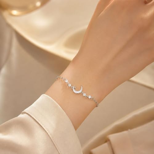 Moon Phase Bracelet Gold/Silver Opal Moon Charm Bracelet Adjustable Opal Style Crescent Charm Chain Bracelets with White Bead Accents Celestial Jewelry Outfit Accessories Gift for Women - color: B2: Silver Opal
