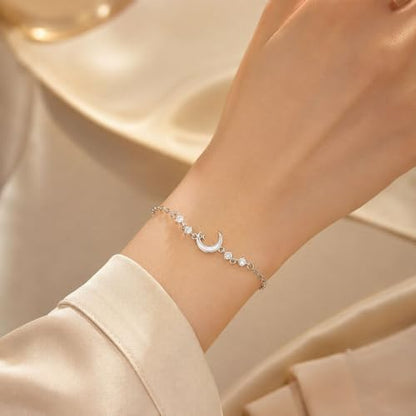 Moon Phase Bracelet Gold/Silver Opal Moon Charm Bracelet Adjustable Opal Style Crescent Charm Chain Bracelets with White Bead Accents Celestial Jewelry Outfit Accessories Gift for Women - color: B2: Silver Opal