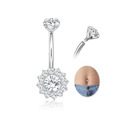 G23 Titanium Belly Button Ring 14G Golden Silvery Belly Ring for Women, Halo Internally Threaded Flower Opal Piercing Jewelry 8/10/12/14mm Barbell with Cubic Zirconia - color: 1PCS-Silver(8mm) -Clear CZ