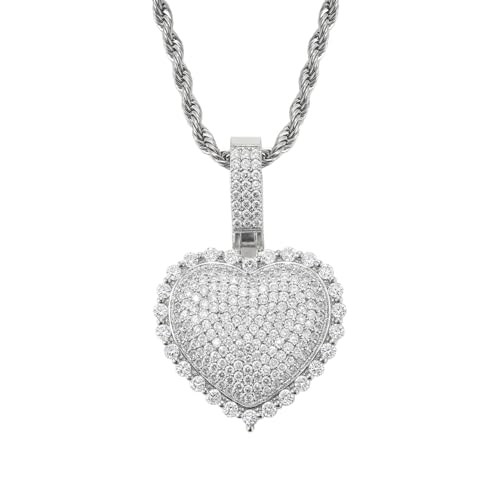 Lulu Mel Silver Heart Necklace 14K Gold Plated Heart Pendant Cubic Zirconia Necklace for Women Men, Iced Out Love Necklace Jewelry Gift Valentine's Day/Mother's Day/Christmas/Anniversary/Birthday Gift - color: Silver, style: 3D Heart
