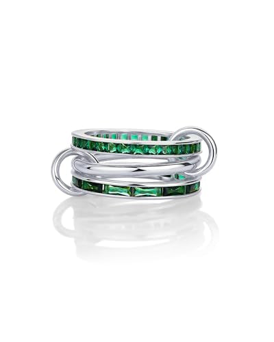 PAVOI 14K Gold Plated Interlocking Ring for Women - Chunky Connected Bands Interlock Stackable Rings for Women - Trendy Cubic Zirconia Two Tone Interlocked Multi-Band Statement Jewelry - style: Chunky Bands & Green CZ - White Gold