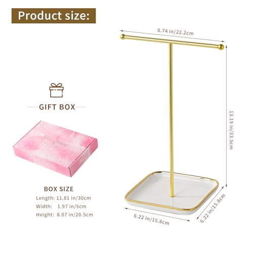 modern T-shaped jewelry rack, jewelry tower, gold metal, square ceramic base decoration display tower, necklace, bracelet, ring storage rack (1-layer ceramic disc) - style: 1-layer ceramic disc