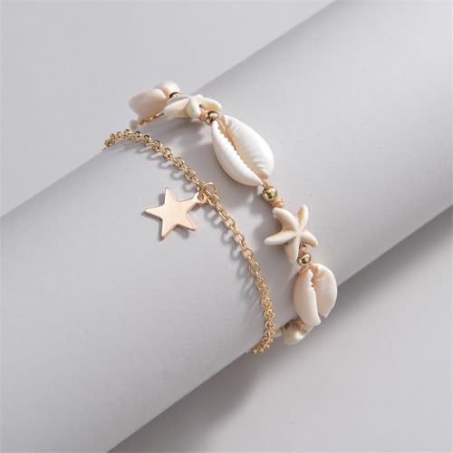 Shell Ankle Bracelet Set for Women,Boho Adjustable Beads Anklet Pack Natural White Shells Stack Stretch Seashell Pearl Starfish Bracelet Set Hawaiian Beach Vacation Foot Jewelry - style: M-Starfish Shell