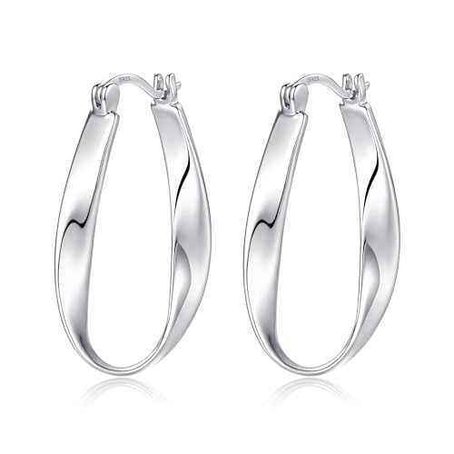DAILY VIBES Simple Trendy Big Twisted Hoop Earrings for Women | 925 Sterling Silver Post, 14k Gold or Silver Plated, Dainty Large Hoops, Hypoallergenic Earrings for Women - color: Silver, size: Oval 32mm