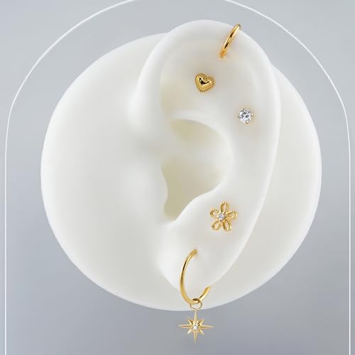 FINE4U 1PC ASTM F136 Titanium 16G Flatback Stud for Tragus, Helix, Conch 6mm 8mm - Screw on Cartilage Earring Piercing Jewelry - color: Flower - Gold