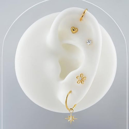 FINE4U 1PC ASTM F136 Titanium 16G Flatback Stud for Tragus, Helix, Conch 6mm 8mm - Screw on Cartilage Earring Piercing Jewelry - color: Flower - Gold