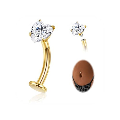 NICEIGHT 14G F136 Pure Titanium Floating Belly Button Rings for Women Petite Flat Back CZ Belly Rings Opal Barbell Heart Curved Navel Ring Internally Threaded Belly Piercing Jewelry 8/10/12/14mm - color: Gold-Heart CZ, size: 10mm (Standard Size)