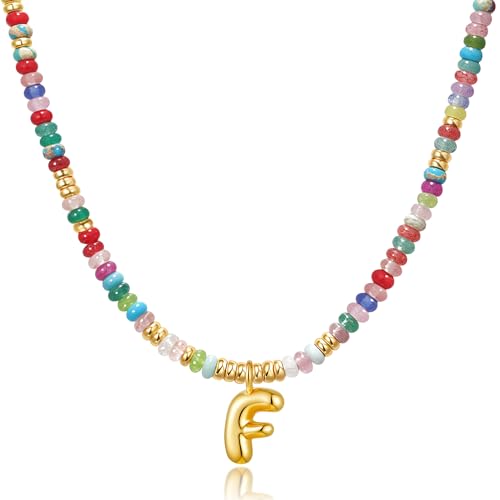 YOUFENG Initial Letter Necklaces for Women Colorful Beaded Gemstone Choker 14K Gold Plated Bubble Letter Pendant Necklace Natural Stone Handmade Jewelry Gift - color: F