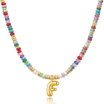 YOUFENG Initial Letter Necklaces for Women Colorful Beaded Gemstone Choker 14K Gold Plated Bubble Letter Pendant Necklace Natural Stone Handmade Jewelry Gift - color: F