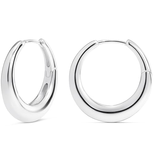 Milla Small Silver Hoop Earrings and Chunky Gold Hoops for Women | Small Chunky Silver Hoops and Thick Gold Hoop Earrings for Women. Available in 14K Gold and Silver Plated Finish - color: Silver - 25 mm Medium