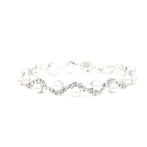 JSEA Womens 4mm Faux Pearl Wave Link Bracelet Silver Rhinestone Bracelets