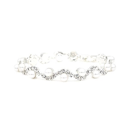 JSEA Womens 4mm Faux Pearl Wave Link Bracelet Silver Rhinestone Bracelets