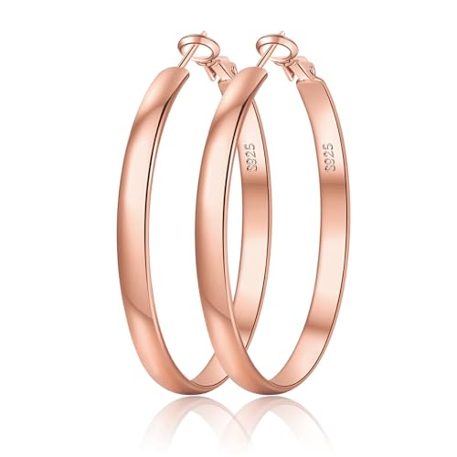 EXGOX 5mm Wide Gold Hoop Earrings for Women,Sterling Silver Hoop Earrings Large Silver Hoop Earrings Hypoallergenic Lightweight 14K Real Gold Plated Big Hoop Earrings for Women 30/40/50/60/70mm - color: Rose color 50MM