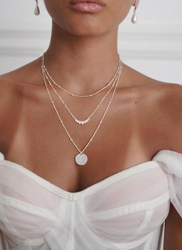 CHESKY Layered Silver Necklace for Women Trendy,Dainty Silver Plated Stackable Charm Necklace Layering Paperclip Tennis Rope Chain CZ Pendant Jewelry Set Gifts - style: bar