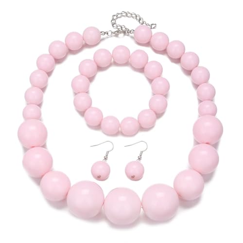 Colorful Round Beaded Earrings Neacklace Set Retro Imitation Pearls Beaded Bracelet Geometric Acrylic Beads Dangle Earrings 70s 80s Exaggerated Necklace Bracelet Jewelry - color: Pink