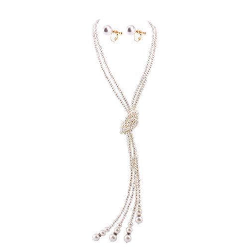 Handmade Faux Pearl Necklace and Clip on Earrings Jewelry Sets for Women Bib Choker Collar Necklace - color: Double Necklace+Screw Clip Earrings