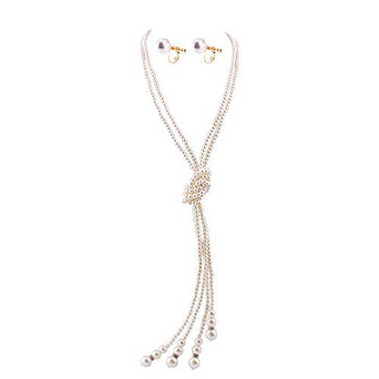 Handmade Faux Pearl Necklace and Clip on Earrings Jewelry Sets for Women Bib Choker Collar Necklace - color: Double Necklace+Screw Clip Earrings