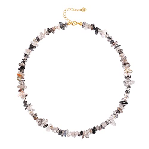 Aobei Pearl Gemstone Beaded Choker Necklace for Women Boho Turquoise/Cultured Freshwater Pearls/Garnet/Amazonite Jewelry - color: H Black Tourmalinated Quartz