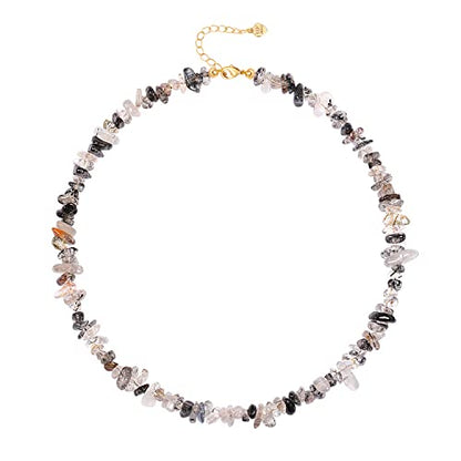 Aobei Pearl Gemstone Beaded Choker Necklace for Women Boho Turquoise/Cultured Freshwater Pearls/Garnet/Amazonite Jewelry - color: H Black Tourmalinated Quartz