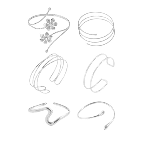 ItsStarred Minimalist Arm Cuff Gold Plated, Upper Arm Cuff Bangle Bracelet for Women, Adjustable Arm band Set 6 Pieces - color: F: Silver Plated Flower 6pcs